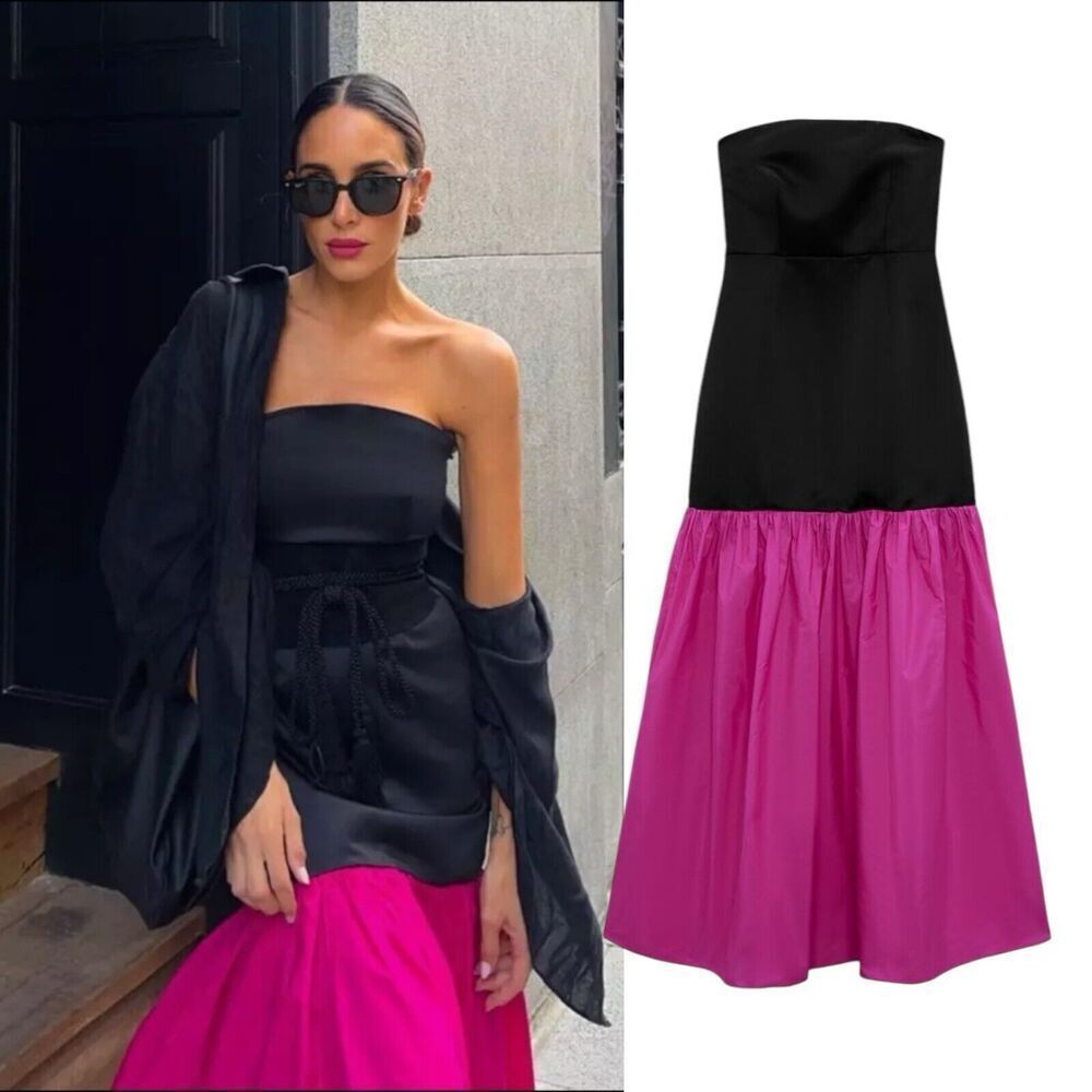 Zara Dress S Black Strapless Pink Fit Flare Maxi Ruffle Cocktail Party Feminine